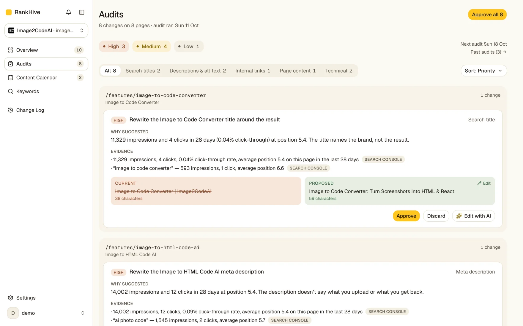 RankHive's Audits page: fixes drafted from a site's Search Console data, each waiting for approval.