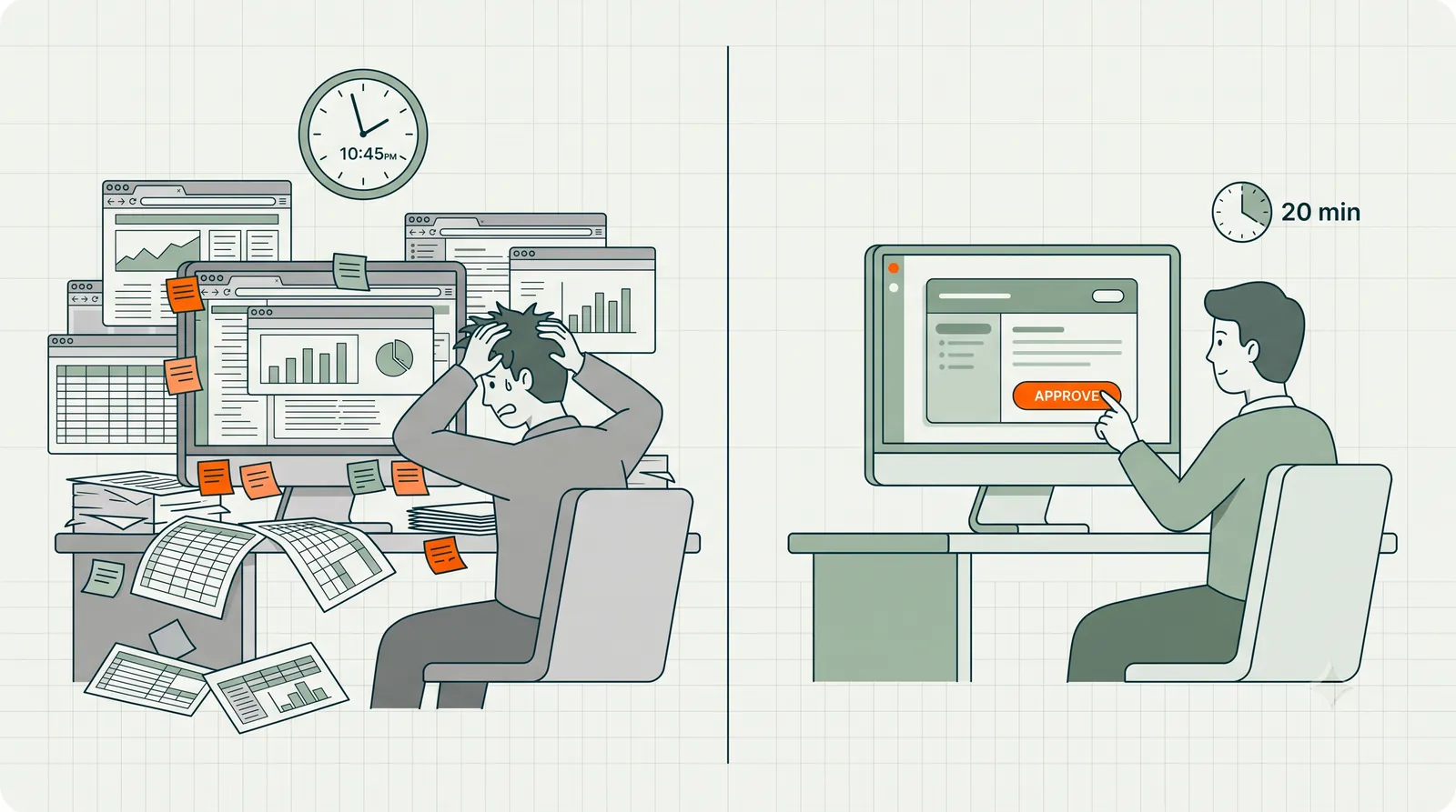 Before and after: a scattered 6-hour weekly manual SEO workflow versus a single 20-minute review with RankHive autopilot