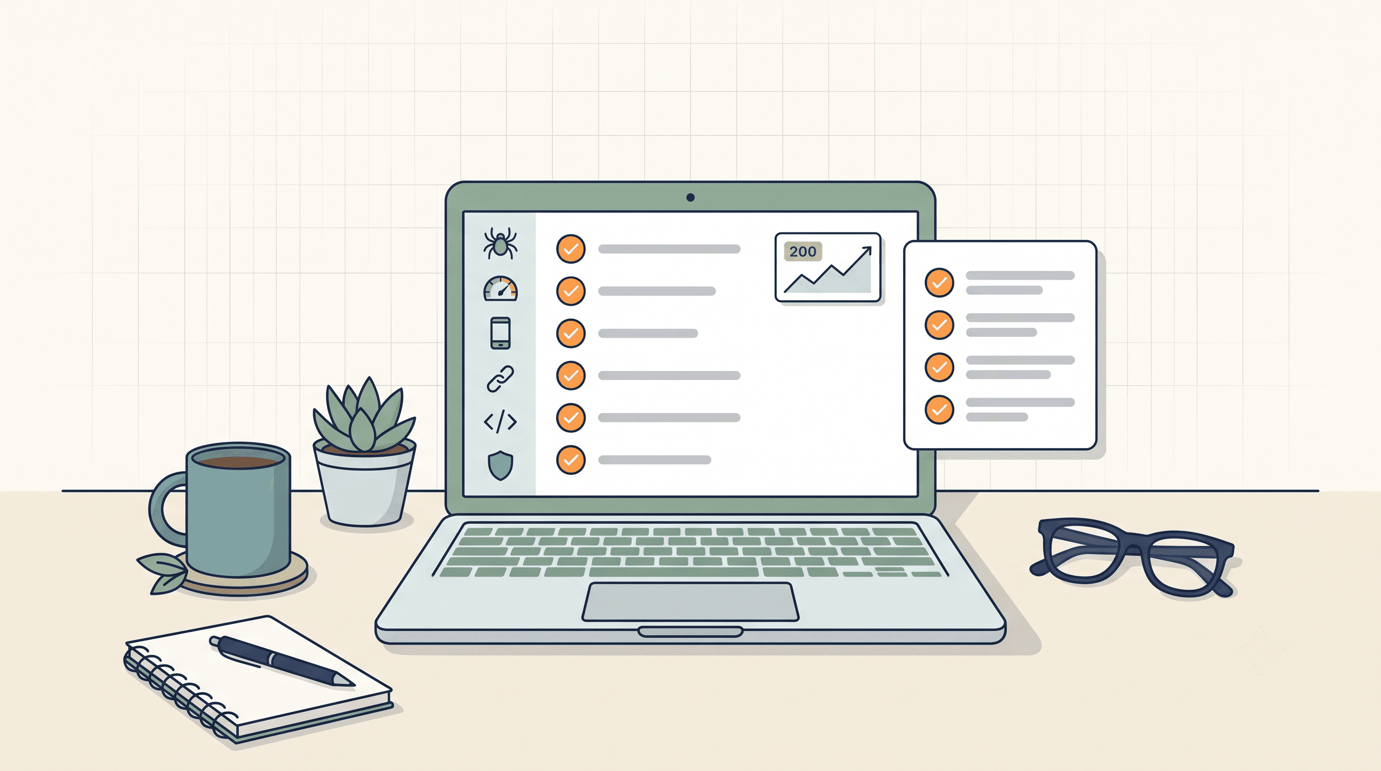 Technical SEO Checklist with items being worked through and checked off across seven categories