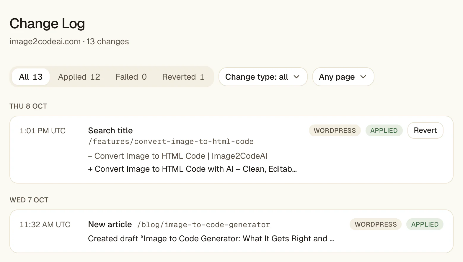 The RankHive Change Log for one demo site, image2codeai.com, 13 changes. Thu 8 Oct: the search title of /features/convert-image-to-html-code changed, old and new title shown, marked WordPress and Applied, with a Revert button. Wed 7 Oct: a new article draft created at /blog/image-to-code-generator.
