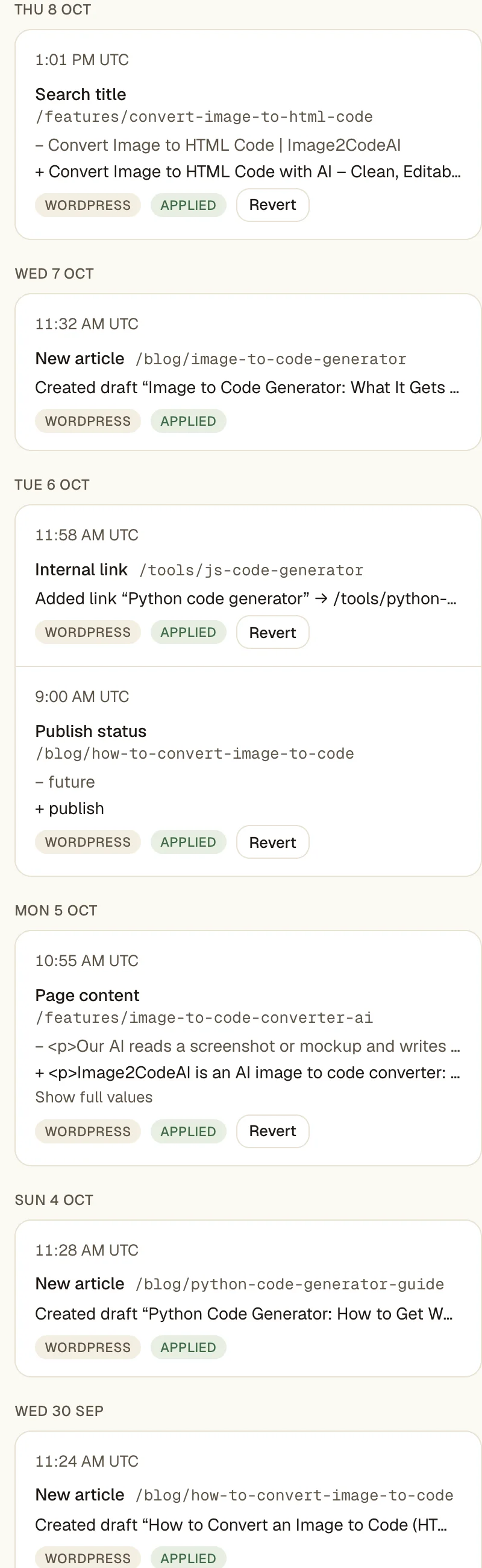 The Change Log: each applied change by date, with its before and after. Titles, internal links, publish status and page content have a Revert button; new articles do not.