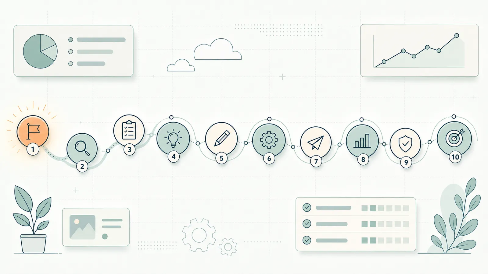 The 10-step WordPress SEO audit process, laid out as a numbered path from crawlability to conversions