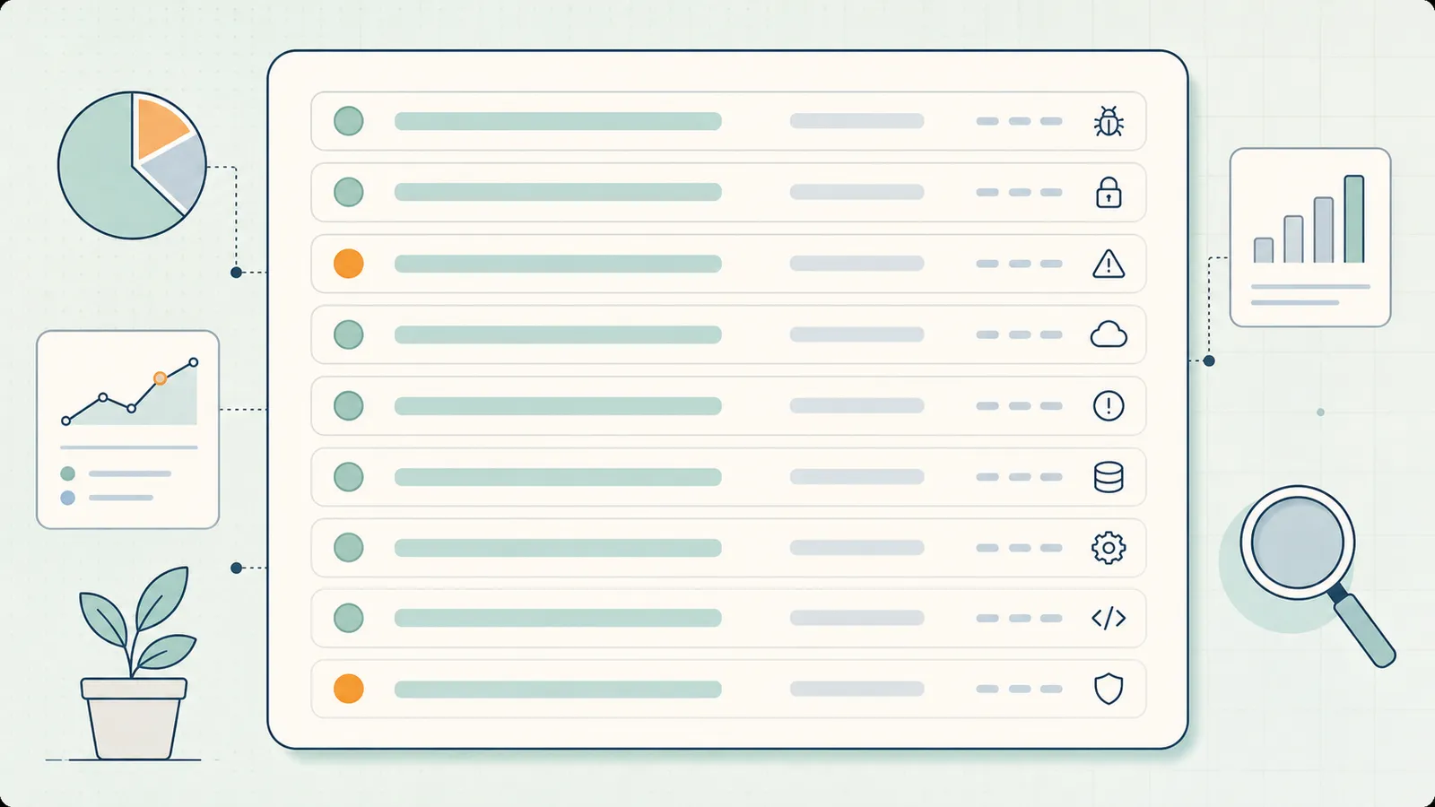 Audit findings spreadsheet showing issues by URL, type, severity, and fix status